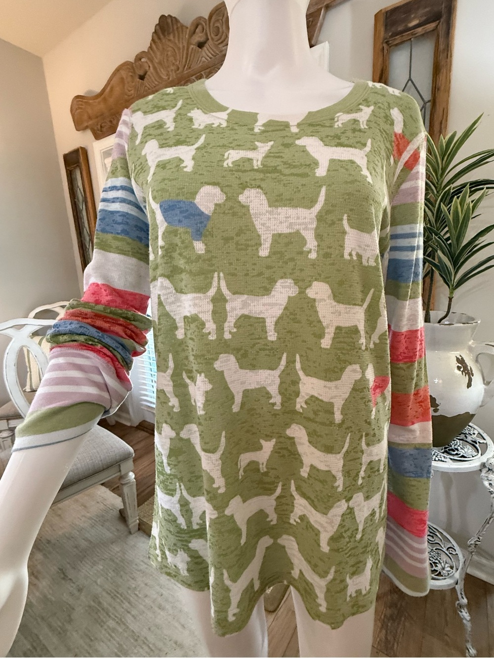 Sundance knit Green Dog Print Pullover with Colorful Striped Sleeves